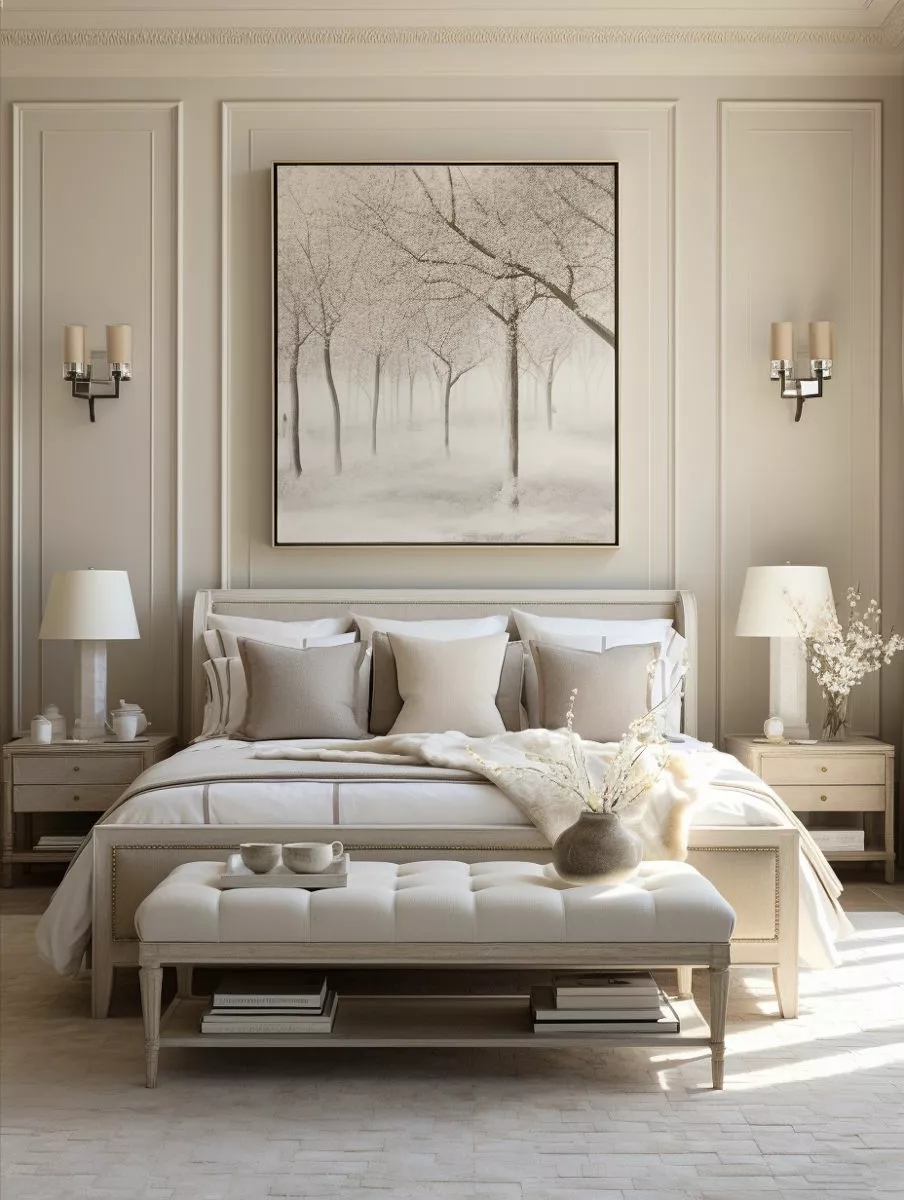 Discover a serene oasis with elegant decor, featuring plush furnishings, soft hues, and a captivating landscape artwork.