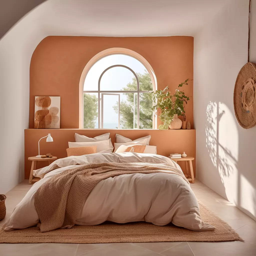 Discover the serene beauty of this terracotta-inspired bedroom, blending warm hues with calming natural elements for a perfect retreat.