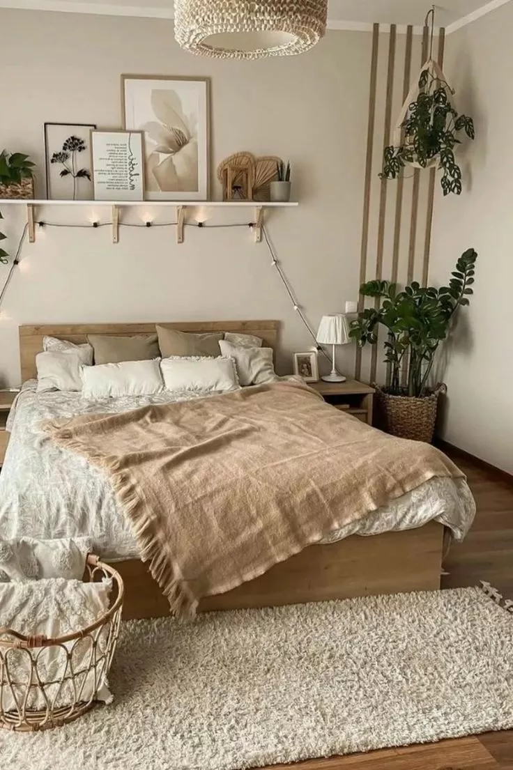 Indulge in the warmth and coziness of this beautifully designed bedroom with earthy tones and natural elements creating an inviting retreat.