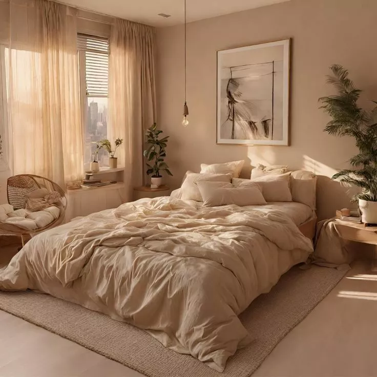 Enjoy the soothing ambiance of a warm earthy bedroom featuring neutral hues, cozy furnishings, and natural light.