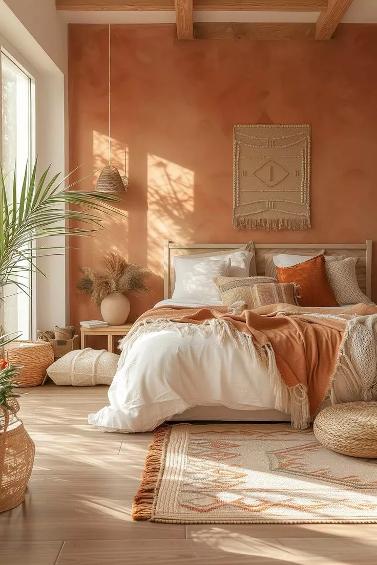 Bask in the warmth of an earthy bedroom featuring terracotta accents, cozy textiles, and natural light.